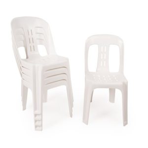 White plastic stacking bistro chairs, one standing, the rest stacked on top of each other