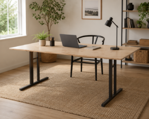 A folding trestle table in an home office space